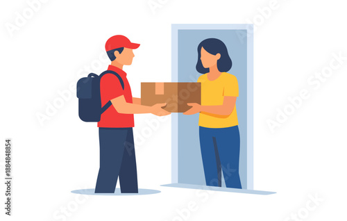 Delivery man handing package to woman at doorway
