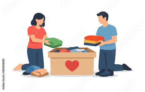 Caucasian young adults organizing clothes for donation in cardboard box with heart symbol