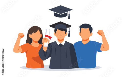 Young diverse graduates celebrating achievement with diploma and caps