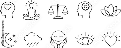 Set of black line icons representing mental health and mindfulness including brain, heart, meditation pose, lotus flower, sleep, breathing, moon, awareness, and emotional care. Minimalist outline icon