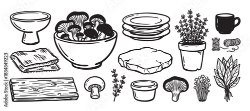 Hand-drawn black and white collection of rustic kitchen items including mushrooms, herbs, plates, and a cutting board in a charming doodle style illustration set