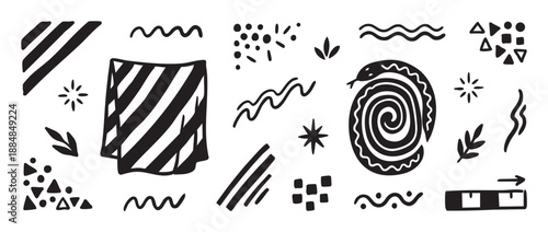 Hand-drawn black abstract shapes and symbols set with a coiled snake, geometric patterns, wavy lines, and floral motifs in a primitive, minimalist, and ethnic folk art style