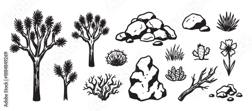 Set of hand-drawn desert nature elements including Joshua trees, cacti, rocks, and shrubs in a black and white graphic linocut style illustration for western themes