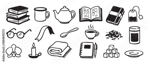 Collection of hand-drawn black icons representing cozy home life, including a book, teapot, steaming cup, candle, blanket, and glasses for a hygge relaxation concept