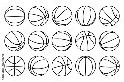 Collection of black basketballs in outline style from various angles and perspectives. Set of sport equipment. Flat vector illustration isolated on a white background.