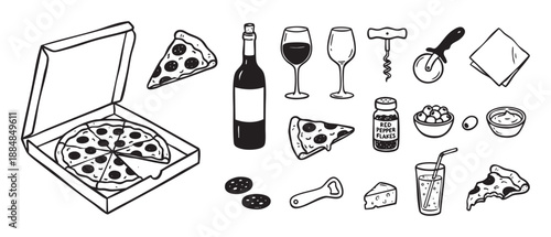 Hand drawn black and white pizza party elements including a pie in a box, slices, wine, soda, and utensils in a simple doodle style illustration set for menu or restaurant design