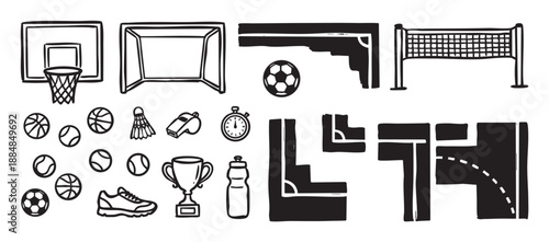 Set of hand-drawn sports equipment icons in a bold black and white linocut style, featuring a basketball hoop, soccer goal, trophy, balls, and other athletic elements