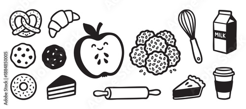 Set of cute black and white doodle illustrations of breakfast pastries and baking ingredients, featuring a croissant, pretzel, cookies, cake, pie, milk, and a rolling pin