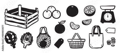 Hand-drawn black and white icon set of grocery shopping and farmers market items, featuring a rustic collection with a wooden crate, fruit, vegetables, and bags in a simple linocut style