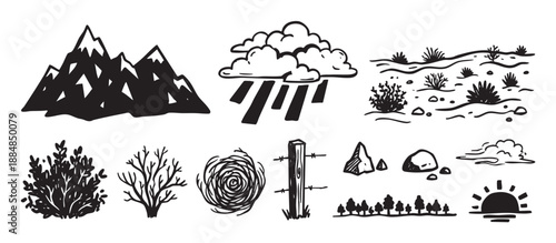 Hand-drawn black and white nature icons featuring mountains, a rain cloud, trees, bushes, rocks, and a sunrise in a simple doodle sketch style for graphic design elements