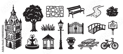Hand-drawn city park and garden elements featuring a clock tower, gazebo, lamppost, bridge, and picnic table in a monochrome doodle illustration set