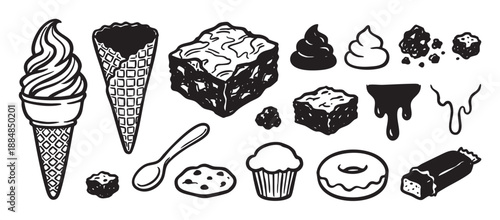 Hand-drawn black and white dessert food illustrations featuring an ice cream cone, brownie, donut, cupcake, and cookie in a graphic, sketchy, monochrome doodle art set