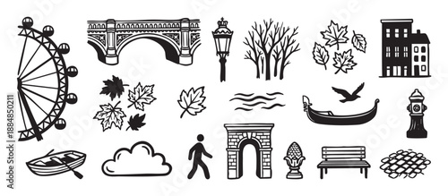 Collection of black and white travel icons featuring a Ferris wheel, bridge, gondola, and city elements in a bold, hand-drawn linocut style for graphic design
