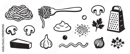 Collection of hand-drawn pasta ingredients including noodles, mushrooms, cheese, garlic, and a grater in a simple black and white doodle style illustration set for cooking concepts