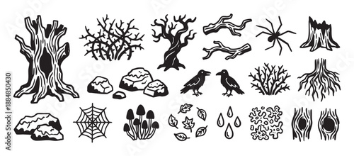 Hand-drawn black ink illustrations of spooky Halloween nature elements like a gnarled tree, crow, spiderweb, toadstools, and bare branches in a graphic woodcut style