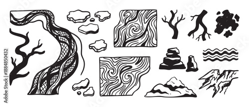 Set of hand-drawn black and white nature elements featuring a river, rocks, wood texture, tree branches, and mountains in a simple graphic doodle sketch illustration style