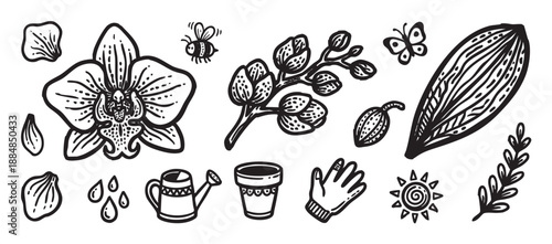 Hand-drawn black and white orchid flower illustrations and gardening elements set including a watering can, pot, glove, bee, and butterfly in a simple doodle style