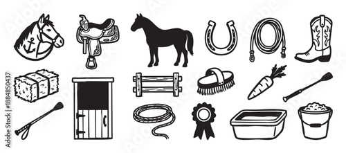 Set of black hand-drawn equestrian icons showing a horse, saddle, horseshoe, cowboy boot, hay bale, and various stable equipment in a simple graphic illustration style