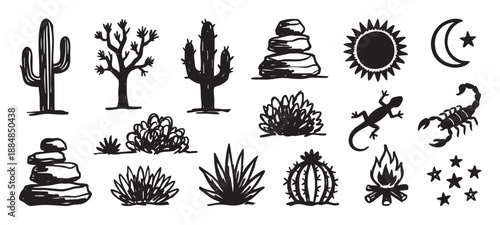 Hand-drawn collection of black desert icons featuring cacti, a scorpion, lizard, sun, and campfire in a rough, sketchy doodle style for nature and travel concepts