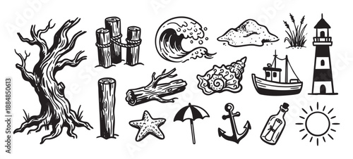 Set of hand-drawn nautical illustrations featuring a lighthouse, boat, anchor, wave, seashell, and other beach elements in a black and white woodcut style for maritime themes