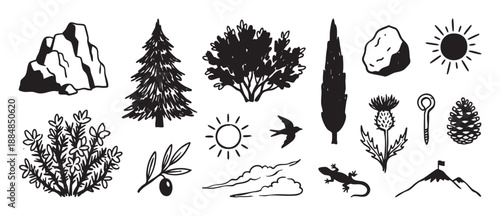 Hand-drawn black and white nature icons set featuring mountains, trees, sun, animals, and plants in a simple doodle sketch style for outdoor and travel themes