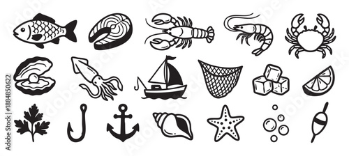 Collection of black and white seafood and fishing icons in a simple doodle style, including fish, lobster, crab, shrimp, squid, oyster, sailboat, anchor, hook, and net
