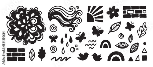Collection of hand-drawn black doodle elements featuring flowers, butterflies, leaves, sun, and abstract shapes in a naive, folk art style for creative design