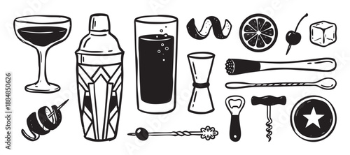 Set of hand-drawn cocktail making tools and barware accessories in a black and white doodle style, including a shaker, jigger, glass, and garnish for a mixology concept