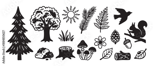 Collection of hand-drawn forest icons featuring a tree, squirrel, bird, mushroom, and pinecone in a simple black graphic silhouette and line art illustration style