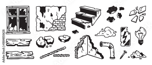 Collection of hand-drawn black and white illustrations showing ruined and broken objects like a shattered window, crumbling wall, debris, and a broken lightbulb in a doodle style