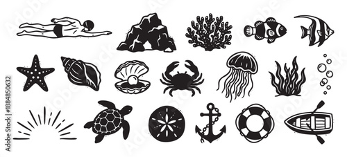 Set of black hand-drawn sea life icons including a fish, crab, turtle, anchor, and swimmer in a rustic linocut print style for graphic design elements