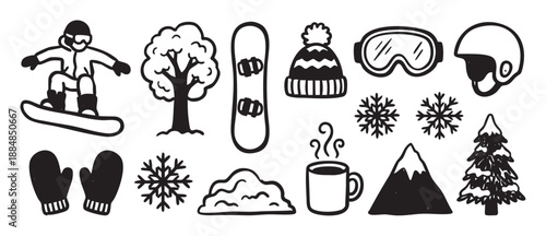 Hand-drawn black and white winter icons set featuring a snowboarder, mountains, trees, and cozy elements like a hot drink and mittens in a simple doodle style illustration