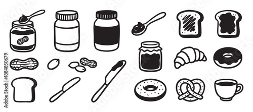 Collection of black and white breakfast food icons in a simple hand-drawn doodle style, featuring peanut butter, jam, toast, bread, a croissant, donut, pretzel, and coffee