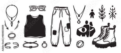 Set of hand-drawn black and white fashion illustrations featuring clothes, boots, jewelry, and abstract symbols in a grunge doodle style representing youth subculture