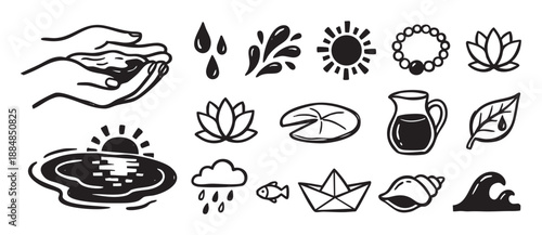Hand drawn black and white icon set of water and nature related symbols like a lotus, wave, sun, and fish, illustrated in a simple doodle or woodcut graphic style