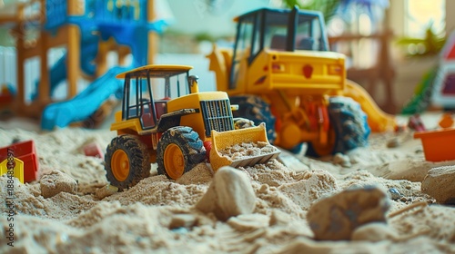 A photo of a sandbox with toy construction vehicles.