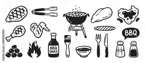 Collection of black and white barbecue icons including a grill, steak, chicken, sauce, and utensils in a simple hand-drawn doodle style illustration set for a summer cookout