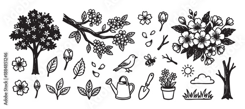 Collection of rustic spring and gardening doodles including a blossoming tree, cherry branch, bird, bee, watering can, and potted plant in a simple linocut style