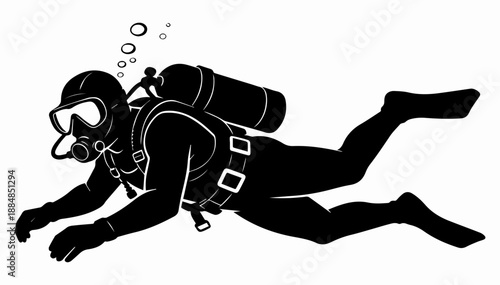 A vector illustration depicting a black silhouette of a scuba diver swimming underwater on a snow-white background_03.