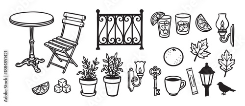 Hand-drawn black and white illustration set of charming European street cafe icons featuring a bistro table, chair, coffee, cocktails, and other vintage elements