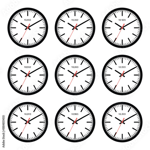 Set of nine minimalist clock faces with time indications