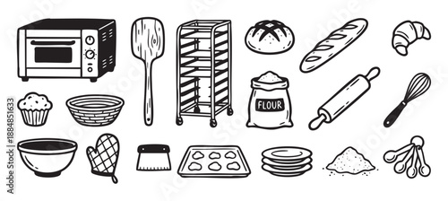 Set of hand-drawn baking equipment and food items including an oven, bread, flour, and utensils in a simple black and white doodle illustration style for a bakery theme