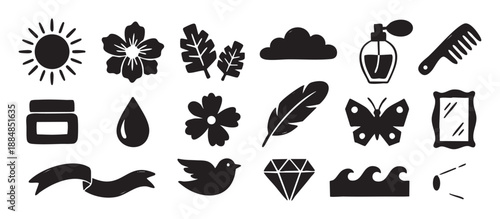 Collection of black hand-drawn icons and symbols representing nature, beauty, and feminine concepts in a simple, graphic doodle style illustration