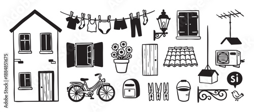 Charming collection of hand-drawn household icons depicting rustic village life with a house, laundry, bicycle, flowers, and other domestic objects in a simple monochrome style