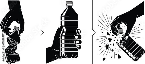 Plastic bottle manipulation vector set, black and white illustrations of crushing, gripping, and explosive twisting actions