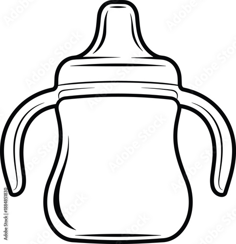 Sippy cup illustration, toddler training drinkware, two-handle spout design, childcare clipart, black line drawing, vector sketch