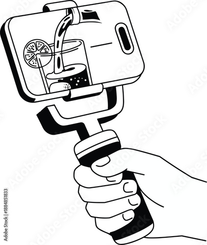 Smartphone on gimbal vector illustration, black and white design with hand grip and animated drink screen