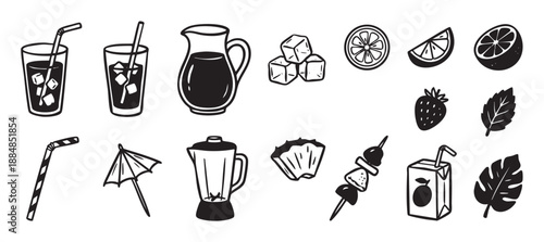 Set of black and white summer drink icons including lemonade, smoothie ingredients, fruit, and a blender in a hand-drawn doodle style illustration for refreshing beverage concepts