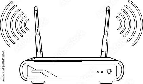 Wireless router vector illustration, black and white side view with dual antennas and signal lines