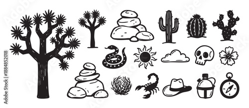 Black hand-drawn desert and western icon set with a joshua tree, saguaro cactus, snake, scorpion, skull, and compass in a rustic graphic illustration style